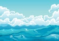 Ocean surface or landscape. Water waves, blue sky and white clouds graphics, cartoon seascape or waterscape. Vector Royalty Free Stock Photo