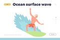 Ocean surface wave landing page website template with man character surfer on board design