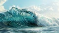 Ocean surfing wave in tube form on a sunny day with light. Hyperrealistic.