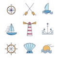 Ocean travel thin line icons in color