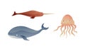 Ocean Underwater Animals with Floating Swordfish and Jellyfish Vector Set