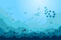 Ocean Underwater Background with Fishes and sunken ship, Sea plants and Reefs. Vector Royalty Free Stock Photo