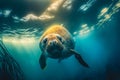 The ocean with an underwater diving seal, Generative AI