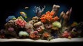 Ocean underwater reef and other flora. Plants of different colors under the bottom in low light, sandy bottom and fish Royalty Free Stock Photo