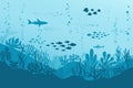 Ocean Underwater Background with Fishes, Sea plants and Reefs. Vector Royalty Free Stock Photo