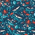 Ocean underwater world seamless pattern, vector illustration. Isolated sea fish creatures flat style, shark, flatfish