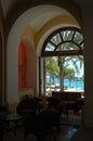 Ocean view through arched window in Cabo San Lucas, Mexico