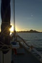 The ocean view from the bow of sailing ship on beautiful sunsets Royalty Free Stock Photo