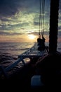 The ocean view from the bow of a sailing ship on the beautiful sunsets Royalty Free Stock Photo