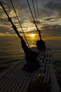 The ocean view from the bow of a sailing ship on the beautiful sunsets Royalty Free Stock Photo