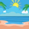 Ocean view with clouds, coconut trees, and shiny sun vector illustration Royalty Free Stock Photo