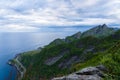 Ocean view from Reinebringen hike in the mountains of Lofoten islands in Norway