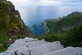 Ocean view from hiking trail to Reinebringen mountain on Lofoten islands with stairs in the foreground in landscape format