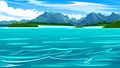 Ocean view of the waterline. Seashore with mountains, jungles and beaches. Horizon. Blue water surface, calm azure waves. Vector