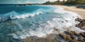 Blue ocean water beach from sky view, white sand and rock coral reef background Royalty Free Stock Photo