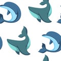 Ocean water and dolphin animals seamless pattern vector. Royalty Free Stock Photo