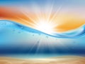 Ocean wave background with sun. Water landscape with sunrise or sunset and underwater life liquid surface splashes drops