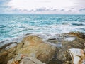 Ocean wave crashing Onto Rocky in the Blue ocean