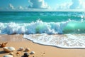 Ocean wave crashing on sandy beach with seashells. Generative AI Royalty Free Stock Photo
