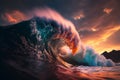 Ocean wave crashing at sunset. Stunning sunset on the sea. Royalty Free Stock Photo