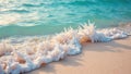 Ocean wave foam resembling delicate white coral on a sandy beach at sunrise. Generative AI Royalty Free Stock Photo