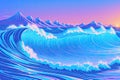 Ocean wave and mountain. Painting and line art, landscapes with sea, skyline, wave and moon. generative ai