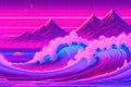 Ocean wave and mountain. Painting and line art, landscapes with sea, skyline, wave and moon. generative ai