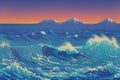 Ocean wave and mountain. Painting and line art, landscapes with sea, skyline, wave and moon. generative ai