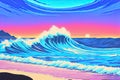 Ocean wave and mountain. Painting and line art, landscapes with sea, skyline, wave and moon. generative ai