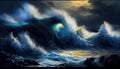 Ocean wave oil painting. Perfect big breaking Ocean barrel wave on the north shore