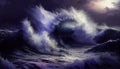 Ocean wave oil painting. Perfect big breaking Ocean barrel wave on the north shore.