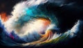 Ocean wave oil painting. Perfect big breaking Ocean barrel wave on the north shore. AI