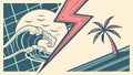 Ocean Wave, Palm Tree & Lightning, Tropical Storm Scene, vector design Generative AI Royalty Free Stock Photo