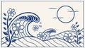Ocean Wave and Sun Line Art Blue, vector design Generative AI Royalty Free Stock Photo