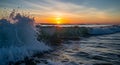 Ocean Wave Sunset Powerful Sea Wave Crashing at Sunrise Royalty Free Stock Photo
