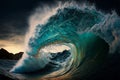 Ocean wave surfing. Stormy ocean wave. Generative AI illustration.