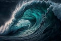 Ocean wave surfing. Stormy ocean wave. Generative AI illustration.