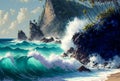 Ocean waves at the beach, coastline landscape, tropical nature background, marine oil painting
