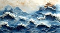 Ocean waves carving, Asian temple backdrop, marble texture, wall art Royalty Free Stock Photo