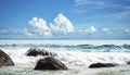 Ocean waves during cloudy blue sky weather.Water splashing on rocks at shore ,natural power background, vacation,holiday concept Royalty Free Stock Photo