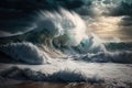 ocean waves crashing and breaking on stormy beach
