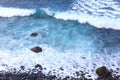 Ocean waves crashing onto the rocks in the sunset