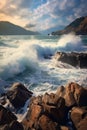 ocean waves crashing on a rocky shoreline Royalty Free Stock Photo