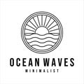 ocean waves line art logo vector illustration template design. sea wave with sun badge icon creative design Royalty Free Stock Photo