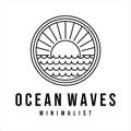 ocean waves line art logo vector illustration template design. sea wave with sun badge icon creative design Royalty Free Stock Photo