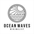 ocean waves line art logo vector illustration template design. sea wave with sun badge icon creative design
