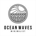 ocean waves line art logo vector illustration template design. sea wave with sun badge icon creative design Royalty Free Stock Photo