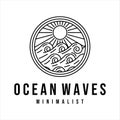 ocean waves line art logo vector illustration template design. sea wave with sun badge icon creative design Royalty Free Stock Photo