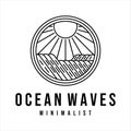 ocean waves line art logo vector illustration template design. sea wave with sun badge icon creative design Royalty Free Stock Photo