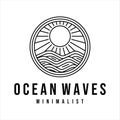 ocean waves line art logo vector illustration template design. sea wave with sun badge icon creative design Royalty Free Stock Photo